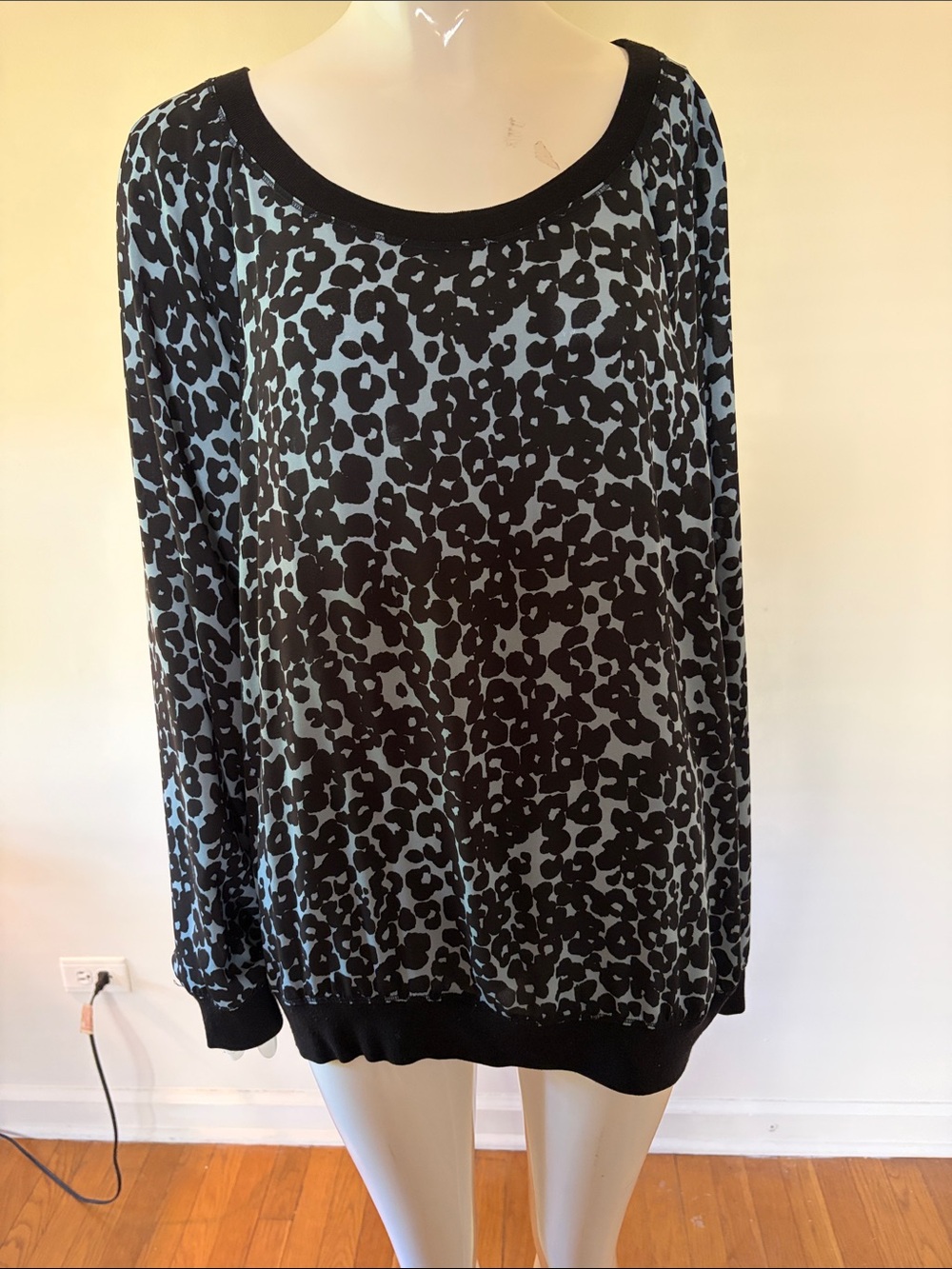 LOFT Black and Light Blue Leopard-Print Scoop Neck Blouse